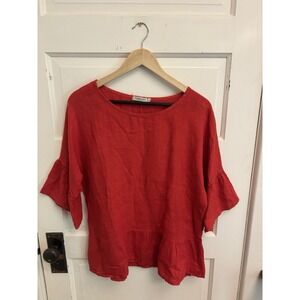 Valentina Naldi Women's 100% Linen Top Boxy Ruffled Red‎ Lagenlook Size Small